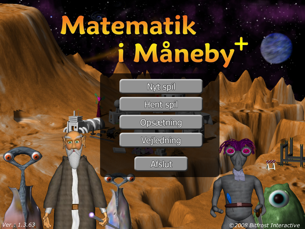 Hovedmenuen i Matematik i Måneby med månebyen i baggrunden