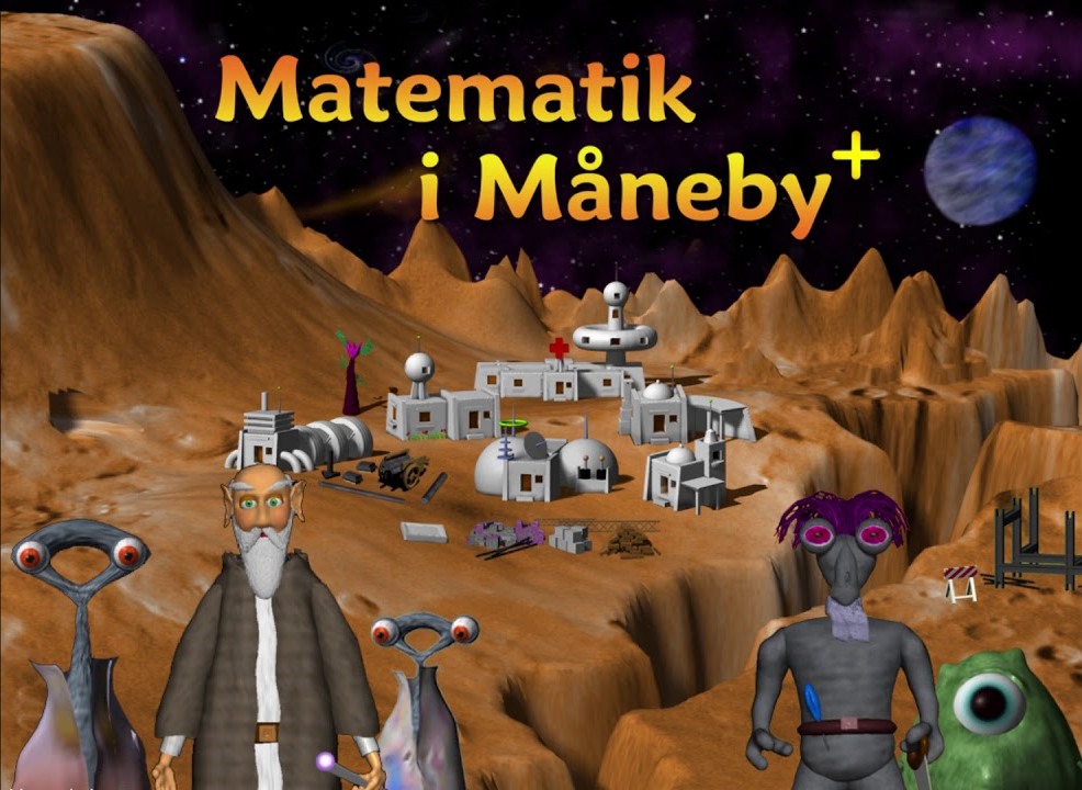 Startskærmen i Matematik i Måneby med spillets logo over månelandskabet
